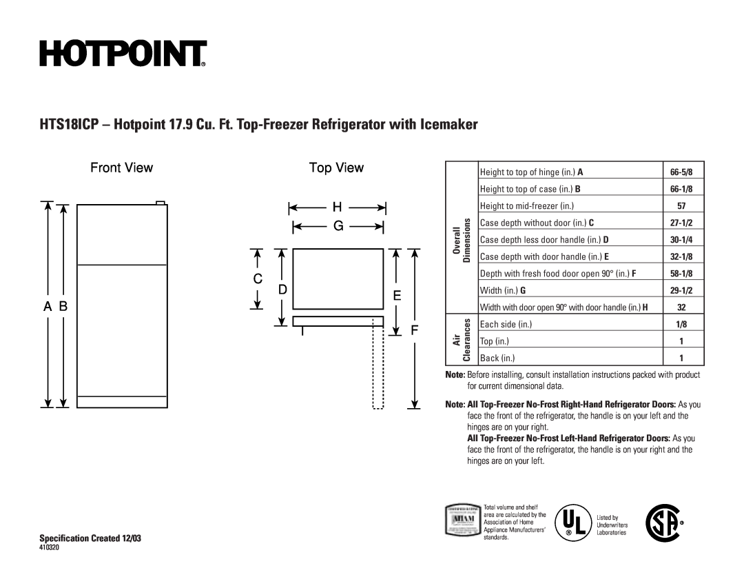 Hotpoint HTS18ICP installation instructions Front View A B, Top View H G C D 
