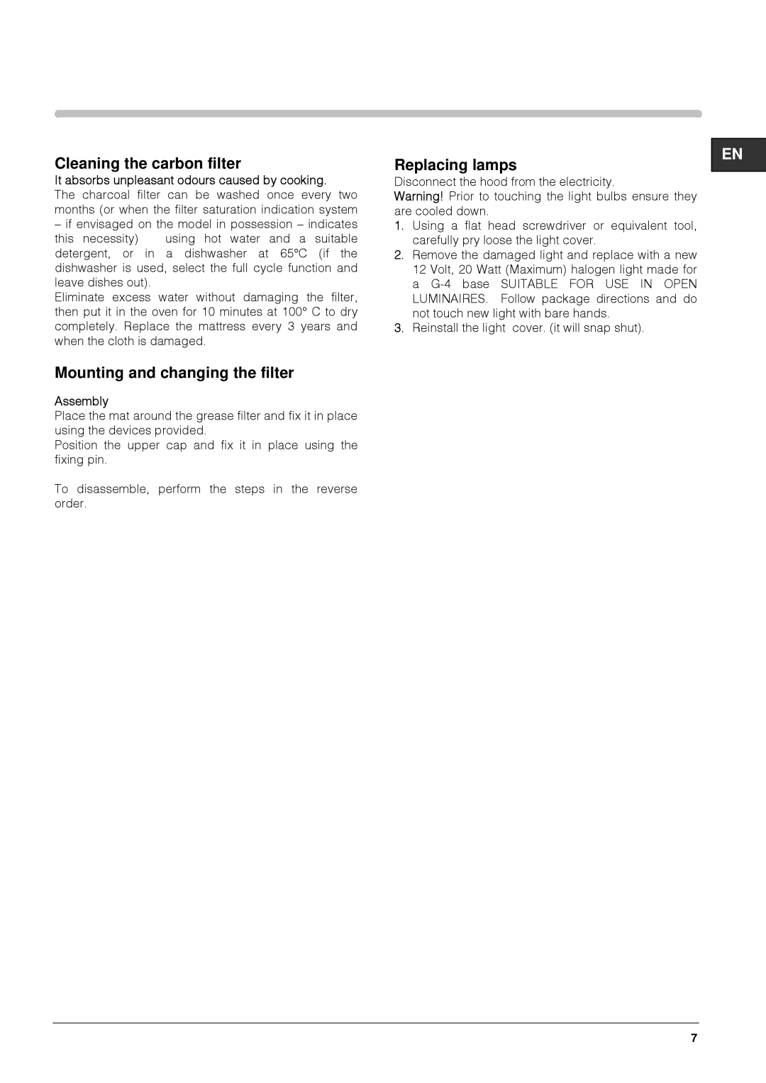 Hotpoint HTS93G manual Cleaning the carbon filter, Mounting and changing the filter, Replacing lamps, Assembly 