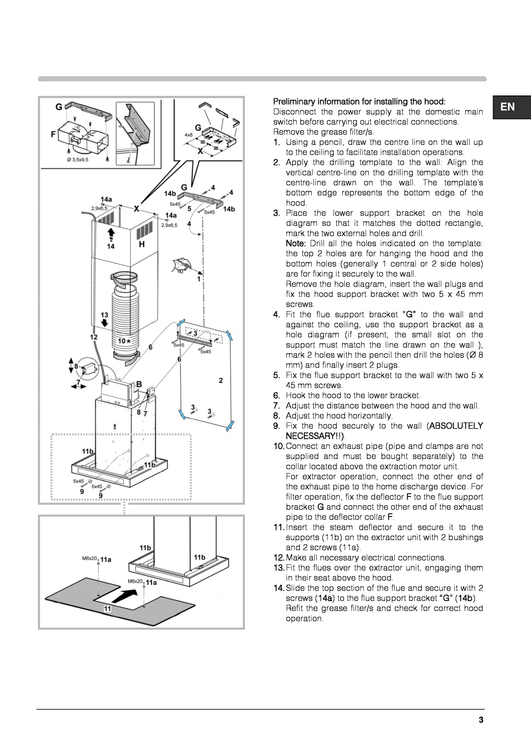 Hotpoint HTS93G manual Fix the flue support bracket to the wall with two 5 x 45 mm screws 