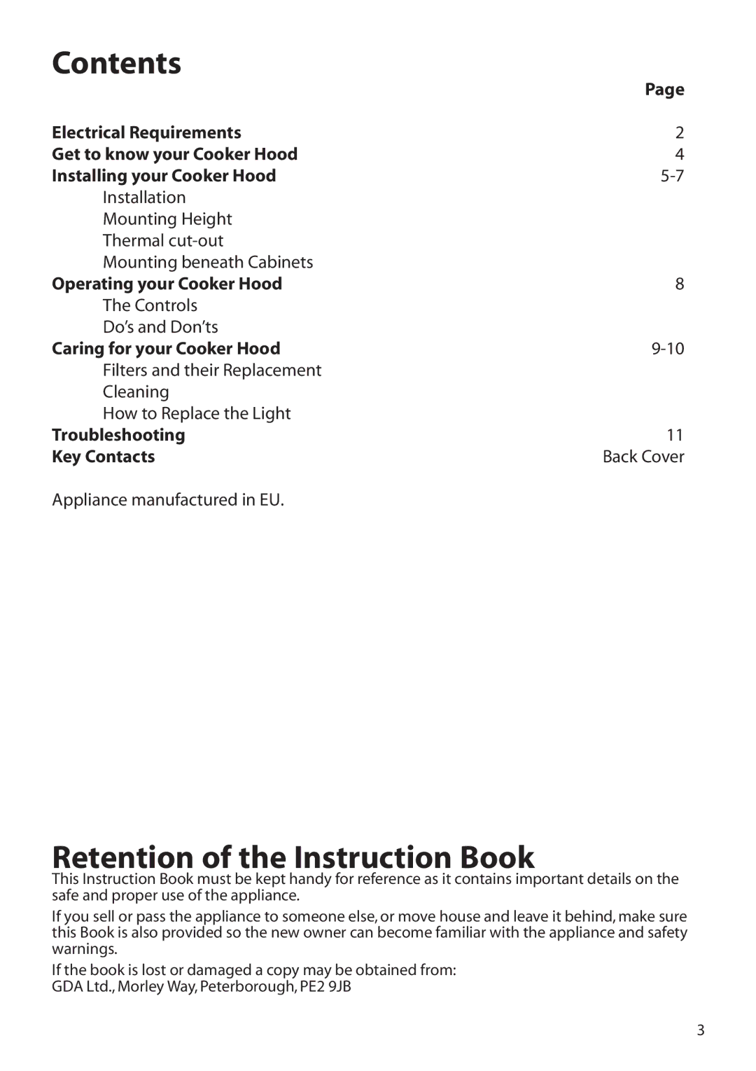 Hotpoint HTU30 manual Contents, Retention of the Instruction Book 