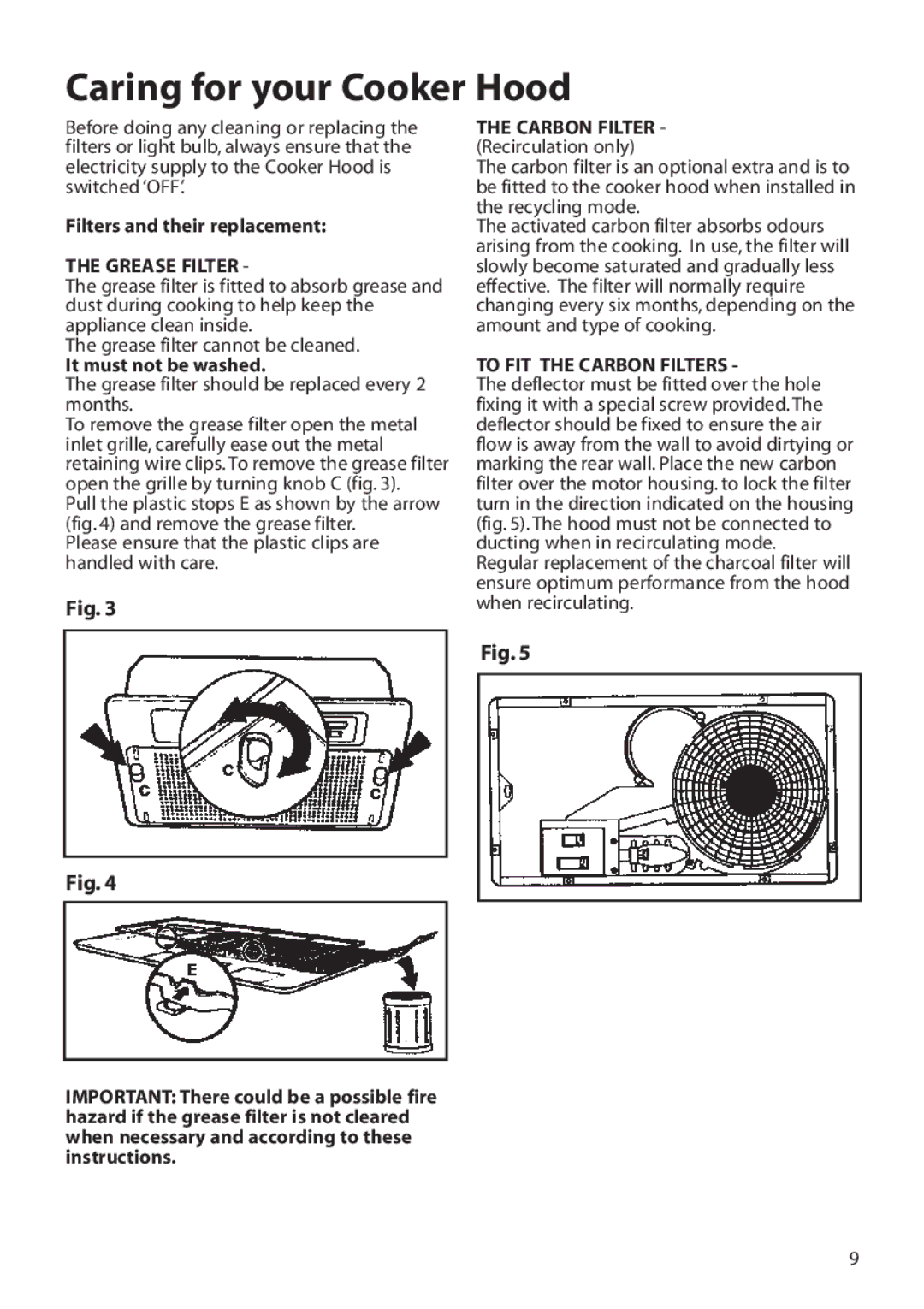 Hotpoint HTU30 manual Caring for your Cooker Hood, Grease Filter, To FIT the Carbon Filters 