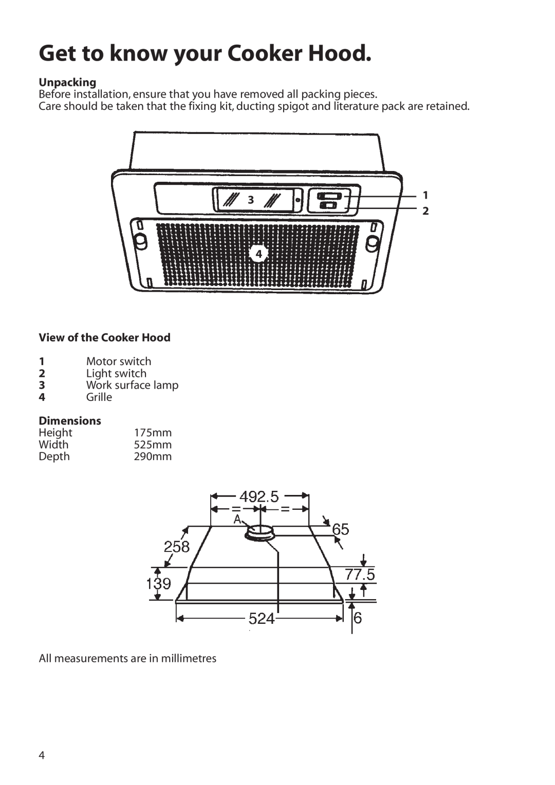 Hotpoint HTU30 manual Get to know your Cooker Hood, Unpacking, View of the Cooker Hood, Dimensions 