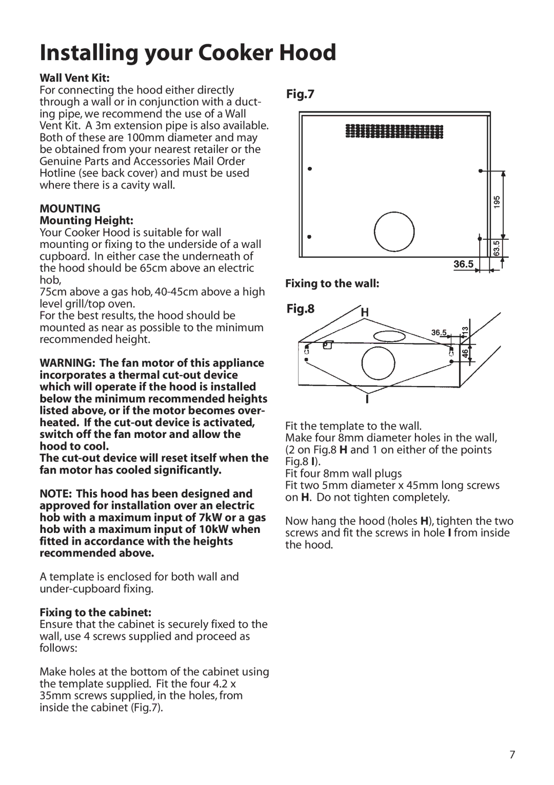 Hotpoint HTV10 manual Wall Vent Kit, Mounting Height, Fixing to the cabinet, Fixing to the wall 