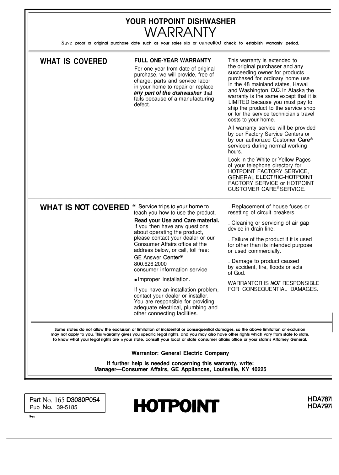 Hotpoint HUA787K, HDA797K warranty Warranty 