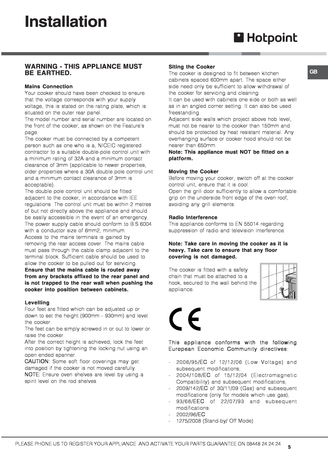 Hotpoint HUD 61P S Installation, Warning - This Appliance Must Be Earthed, Mains Connection, Levelling, Siting the Cooker 