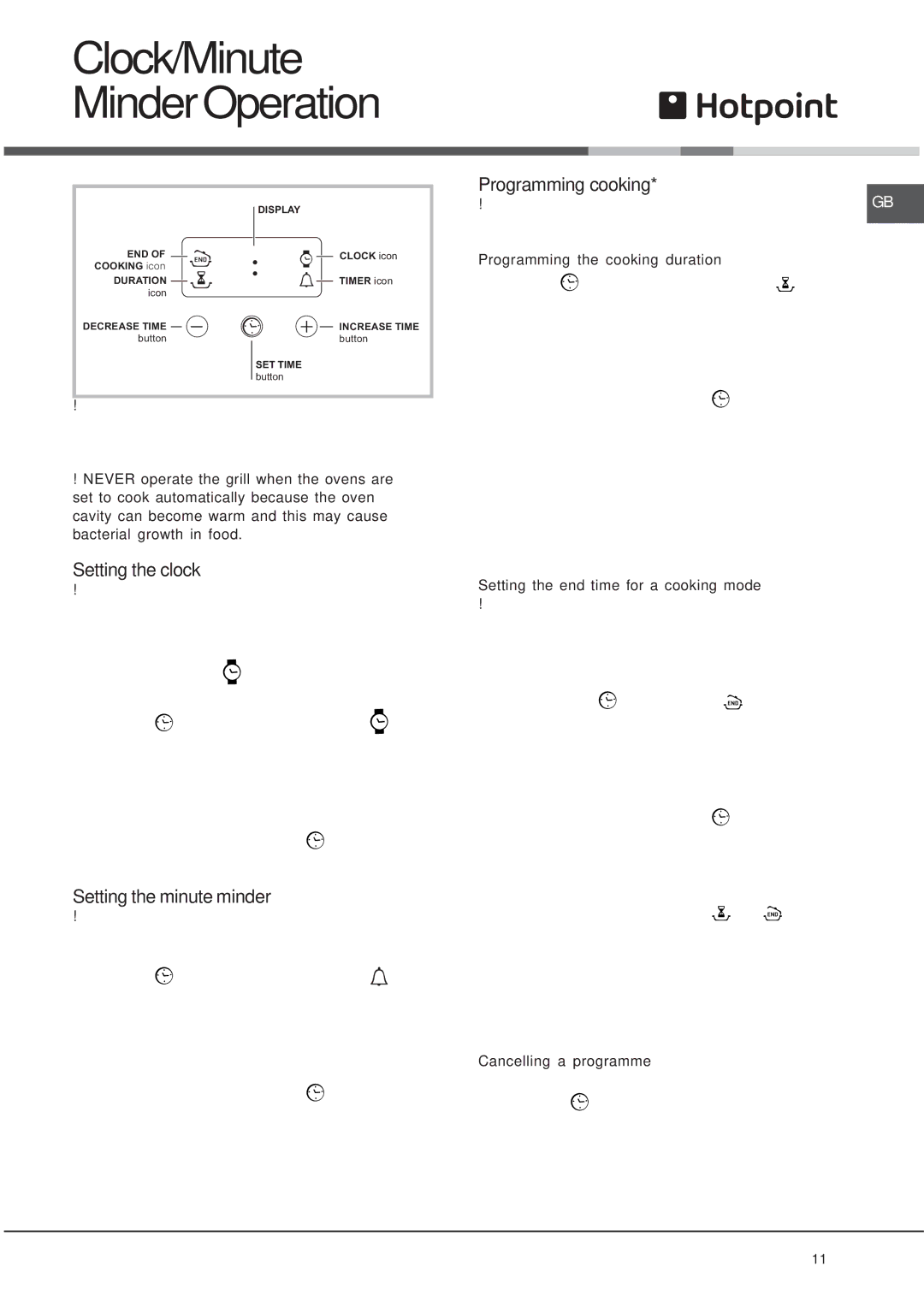 Hotpoint HUD61 manual Setting the clock, Setting the minute minder, Programming cooking 