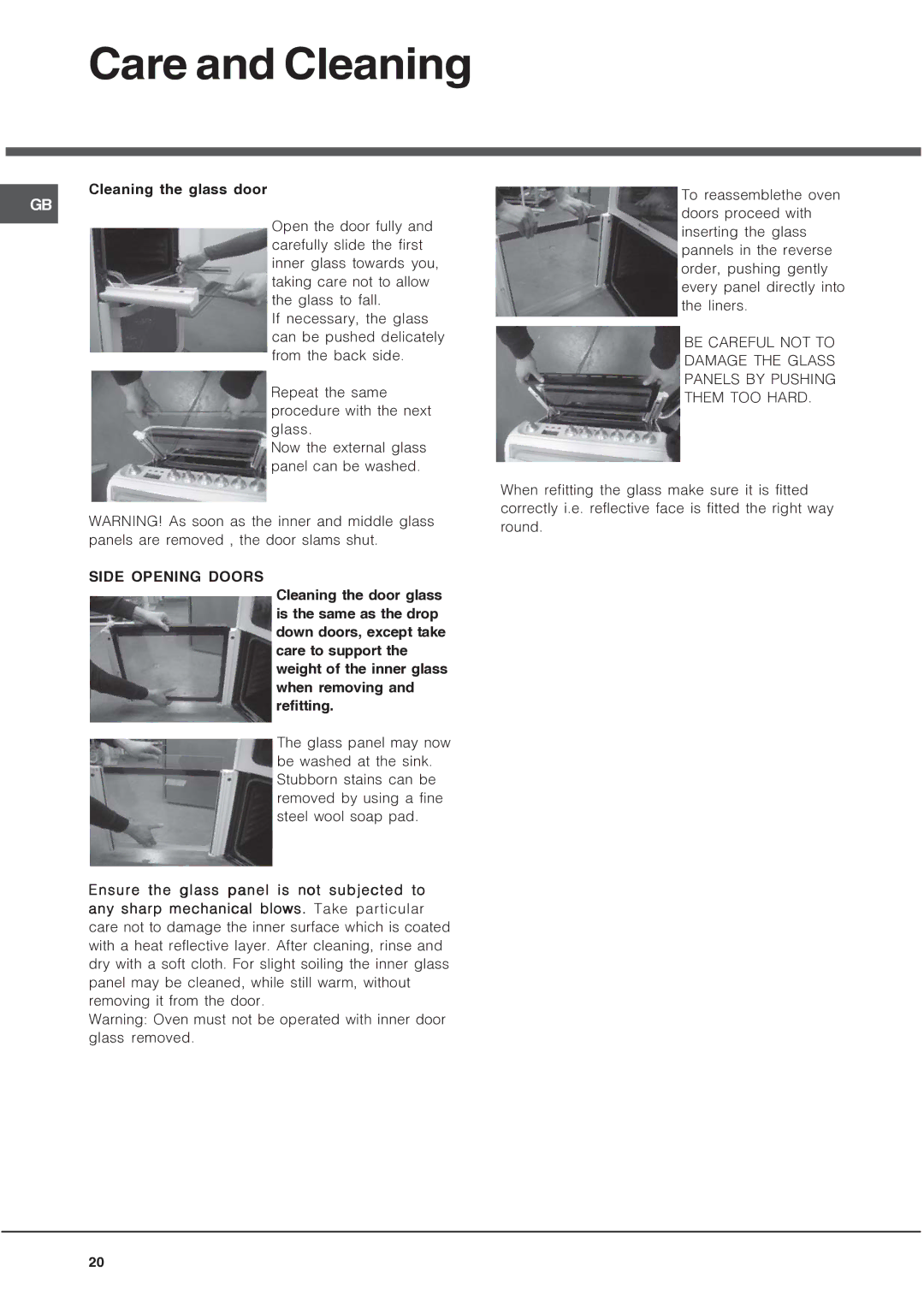 Hotpoint HUD61 manual Cleaning the glass door, Side Opening Doors 