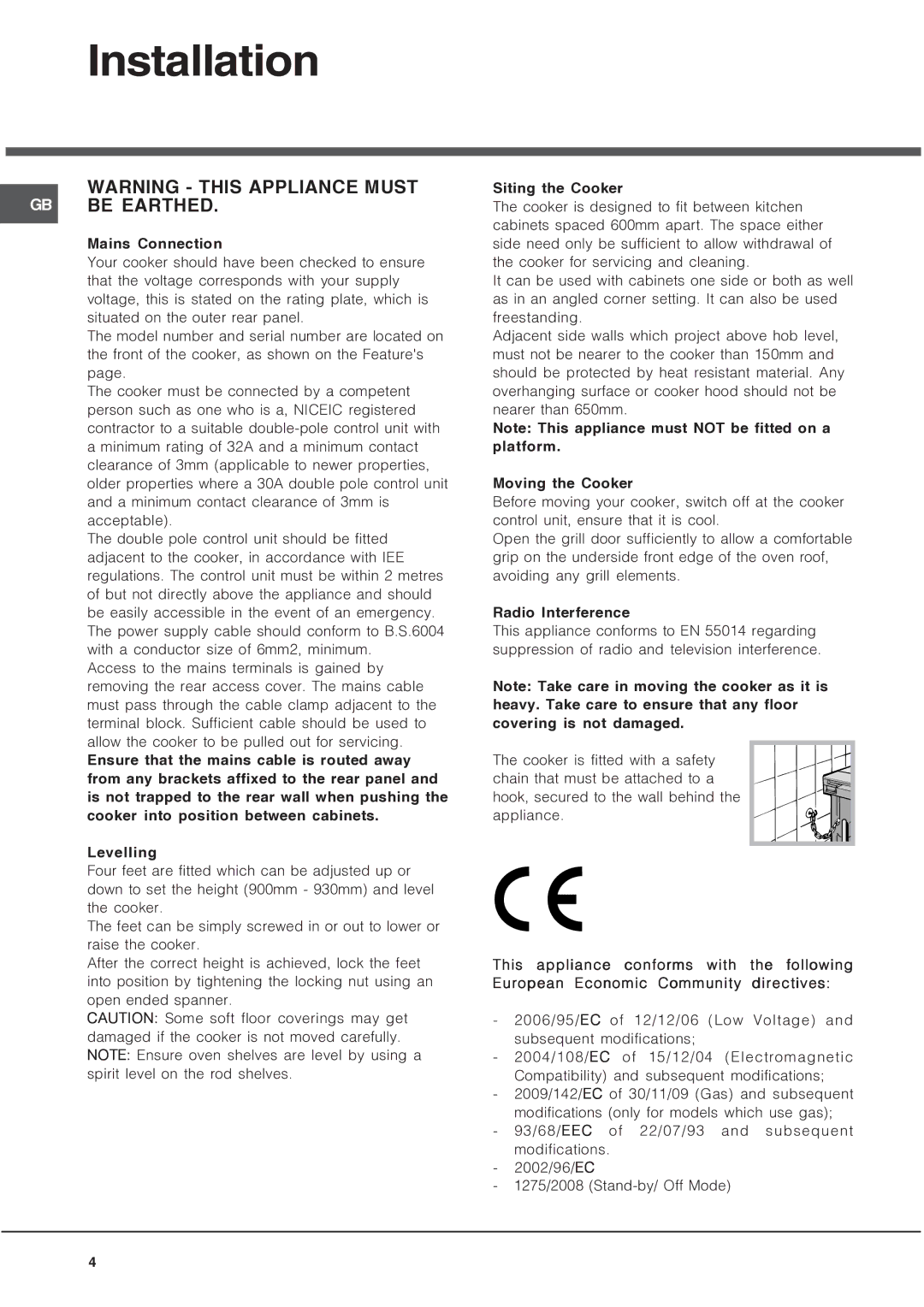 Hotpoint HUD61 manual Installation, Mains Connection, Siting the Cooker, Moving the Cooker, Radio Interference 