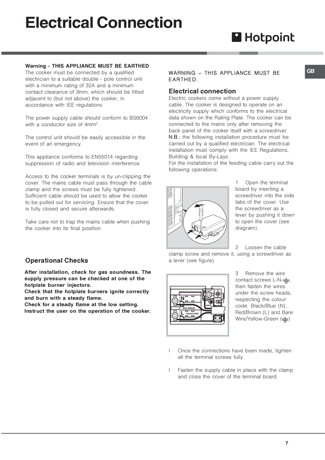 Hotpoint HUD61 manual Electrical Connection, Operational Checks, Electrical connection, Earthed 