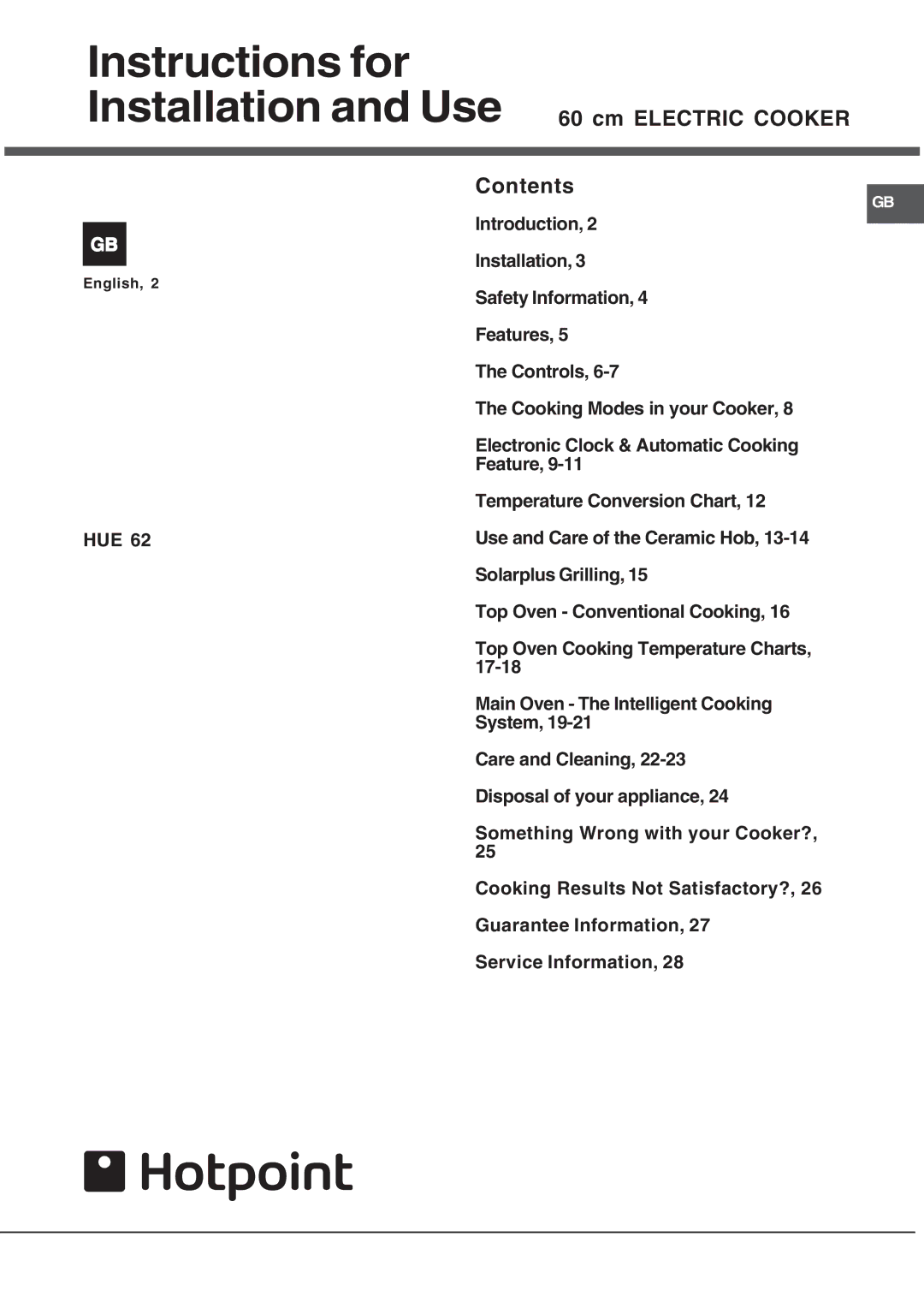 Hotpoint HUE 62 manual Instructions for Installation and Use 60 cm Electric Cooker, Contents 