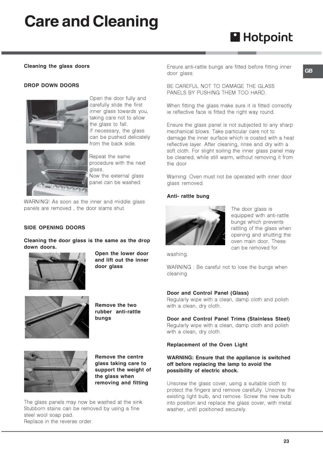 Hotpoint HUE 62 manual Cleaning the glass doors, Drop Down Doors, Side Opening Doors, Anti- rattle bung 