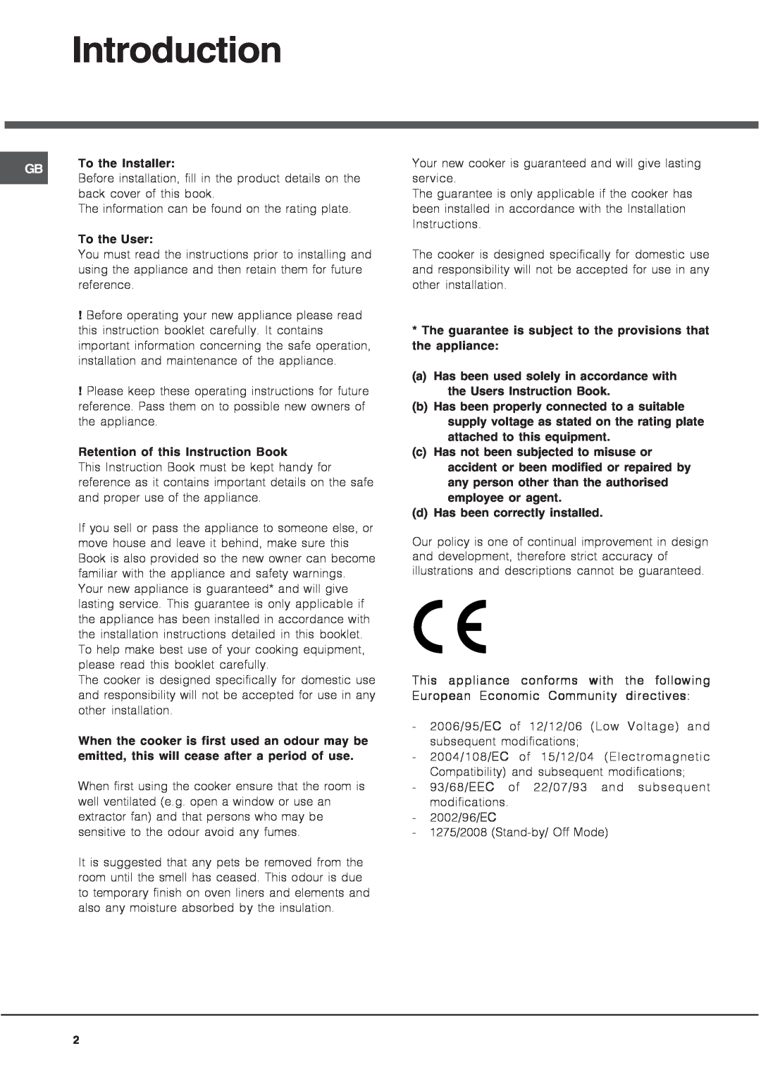 Hotpoint HUE 62 manual Introduction, To the Installer, To the User, Retention of this Instruction Book 