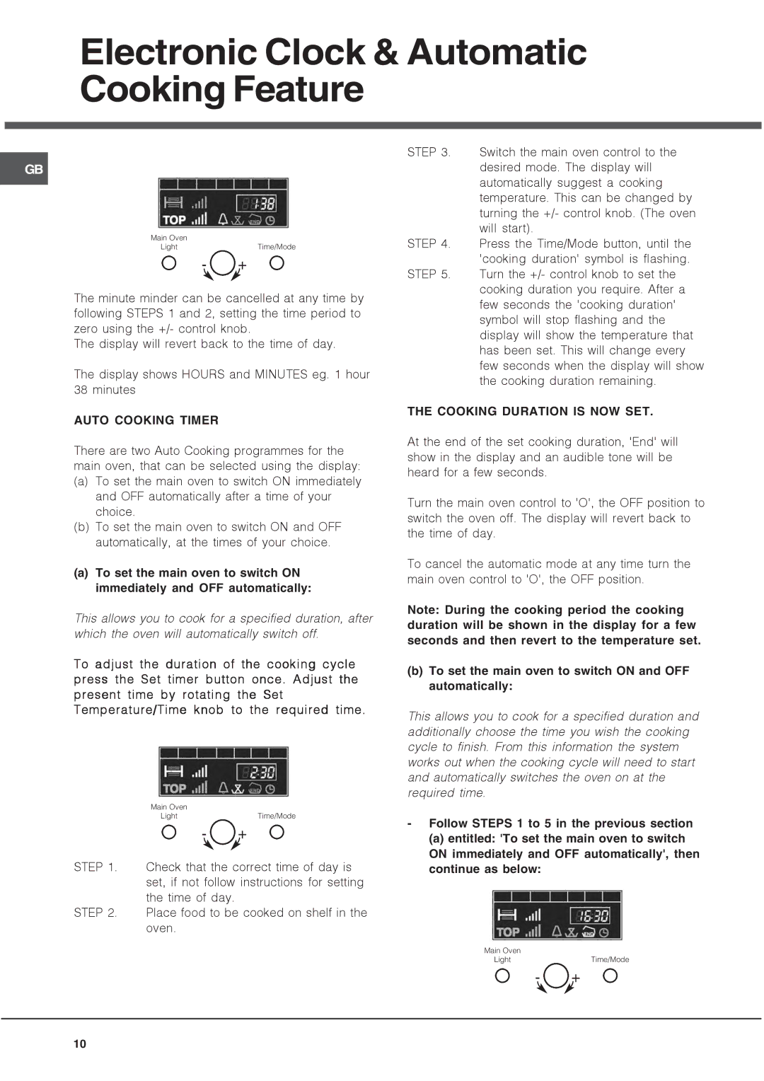 Hotpoint HUE Auto Cooking Timer, Cooking Duration is NOW SET, To set the main oven to switch on and OFF automatically 