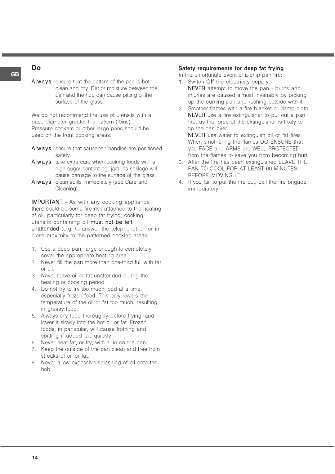 Hotpoint HUE manual Safety requirements for deep fat frying 