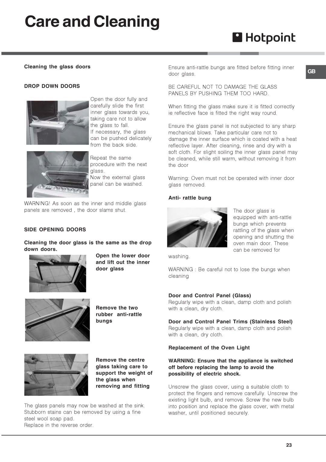 Hotpoint HUE manual Cleaning the glass doors, Drop Down Doors, Side Opening Doors, Anti- rattle bung 