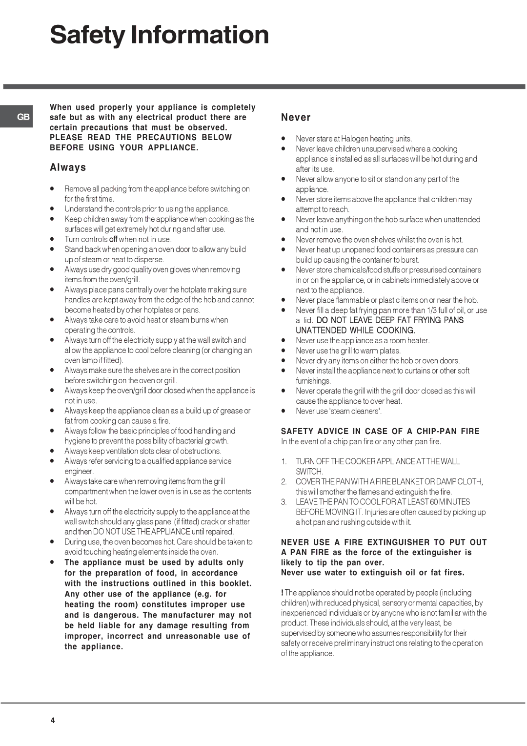 Hotpoint HUE manual Safety Information, Always, Never, Unattended While Cooking 