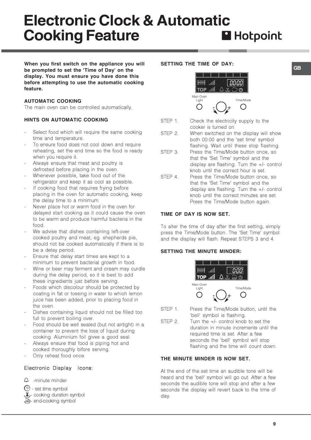 Hotpoint HUE manual Electronic Clock & Automatic Cooking Feature 