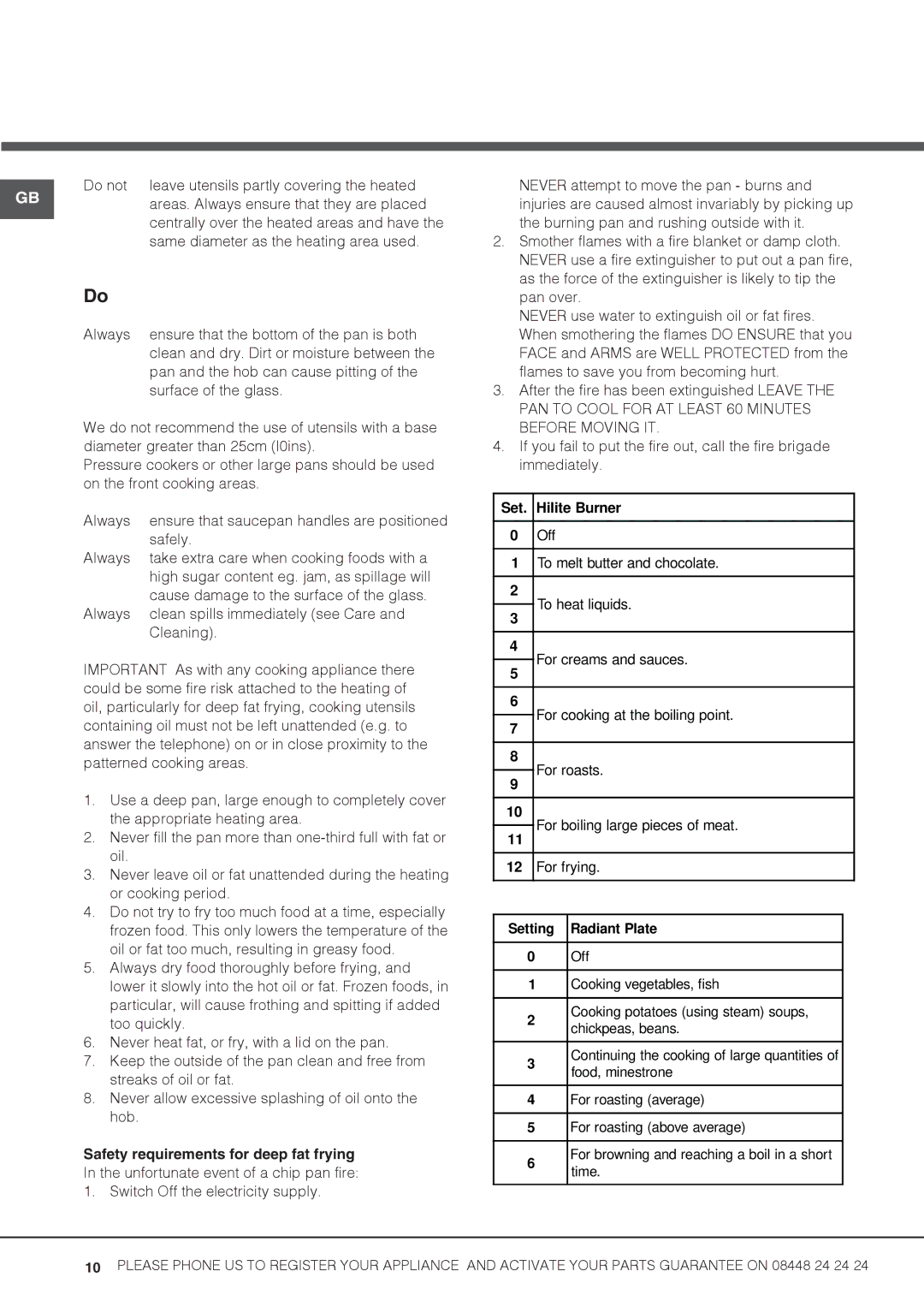 Hotpoint HUE52G manual Do not leave utensils partly covering the heated, Areas. Always ensure that they are placed, Safely 