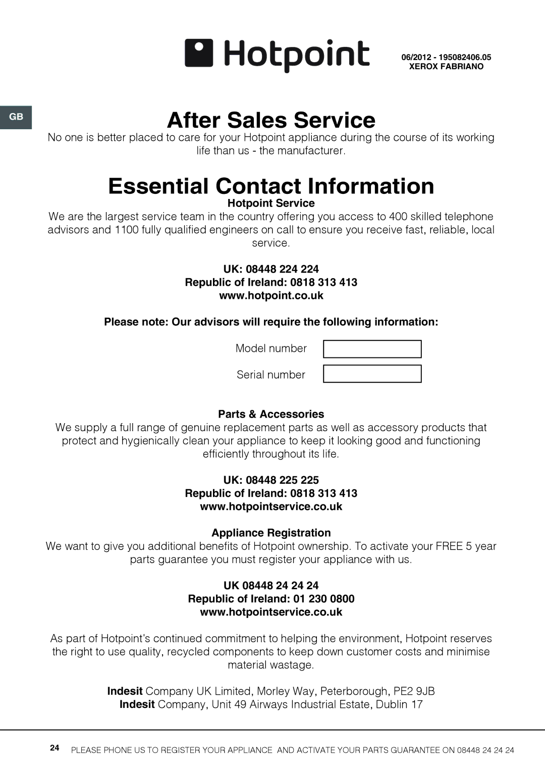 Hotpoint HUE52G manual Hotpoint Service, Republic of Ireland 0818 313, Parts & Accessories, Appliance Registration 