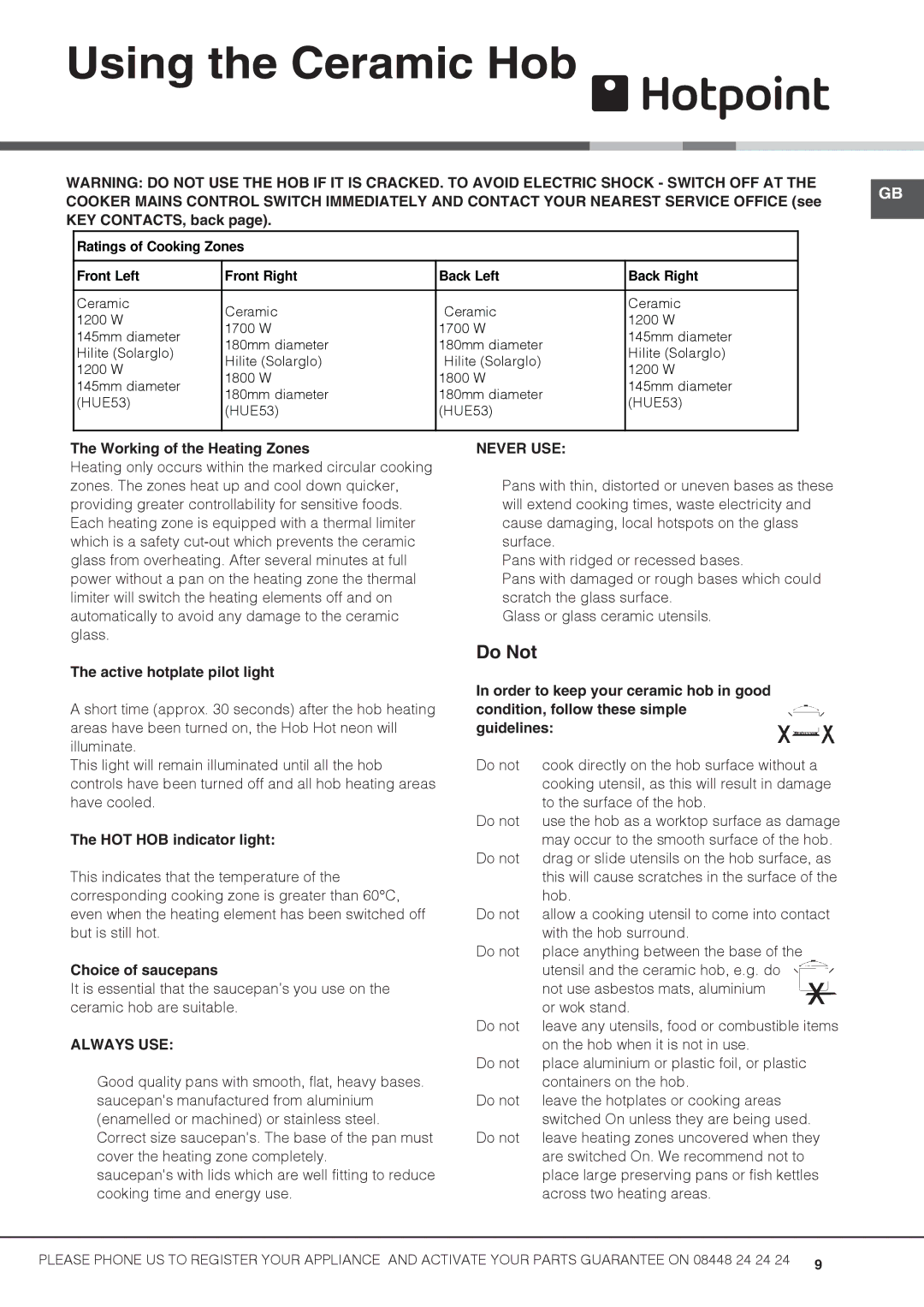 Hotpoint HUE52G manual Using the Ceramic Hob, Do Not 