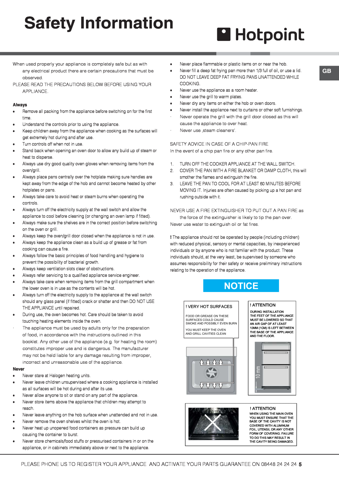 Hotpoint HUE52G manual Safety Information, Always, Never 