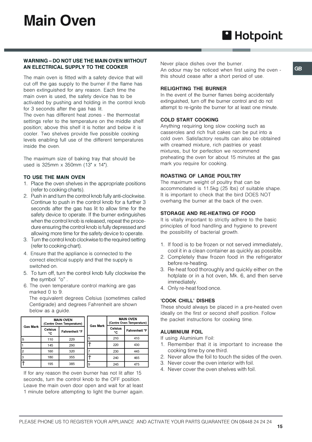 Hotpoint HUG 52P, HUG 52X, HUG 52K, HUG 52G, 50HGP installation instructions Main Oven 