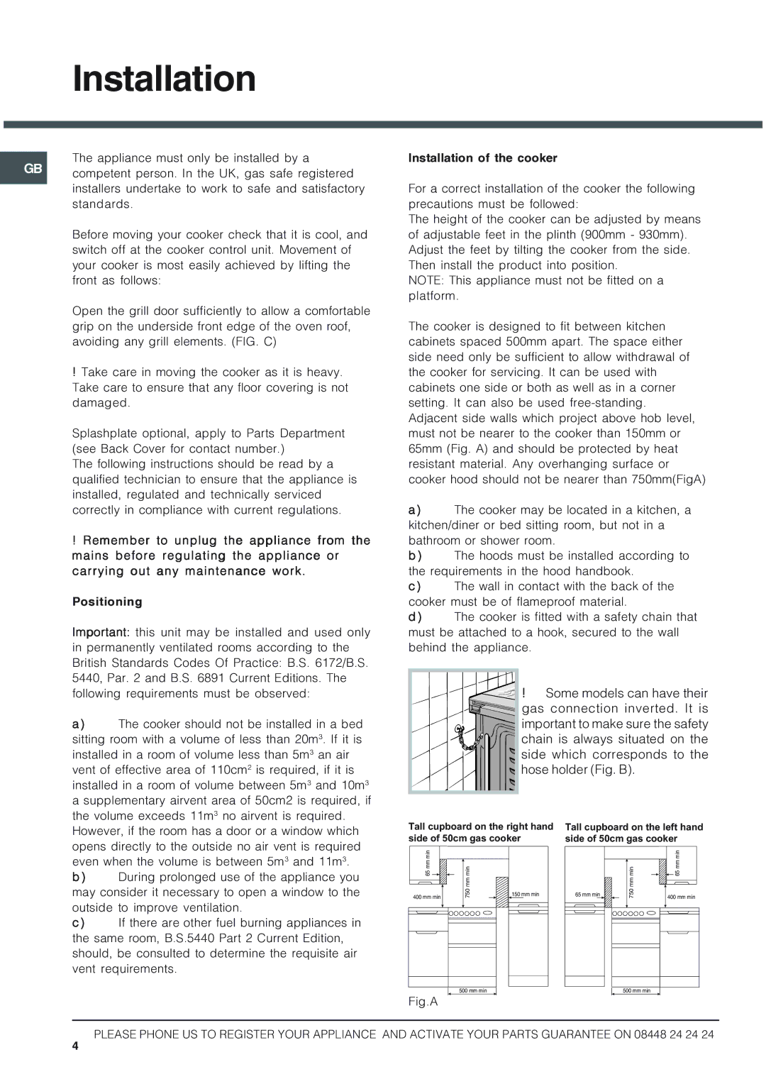 Hotpoint 50HGP, HUG 52P, HUG 52X, HUG 52K, HUG 52G installation instructions Installation of the cooker 