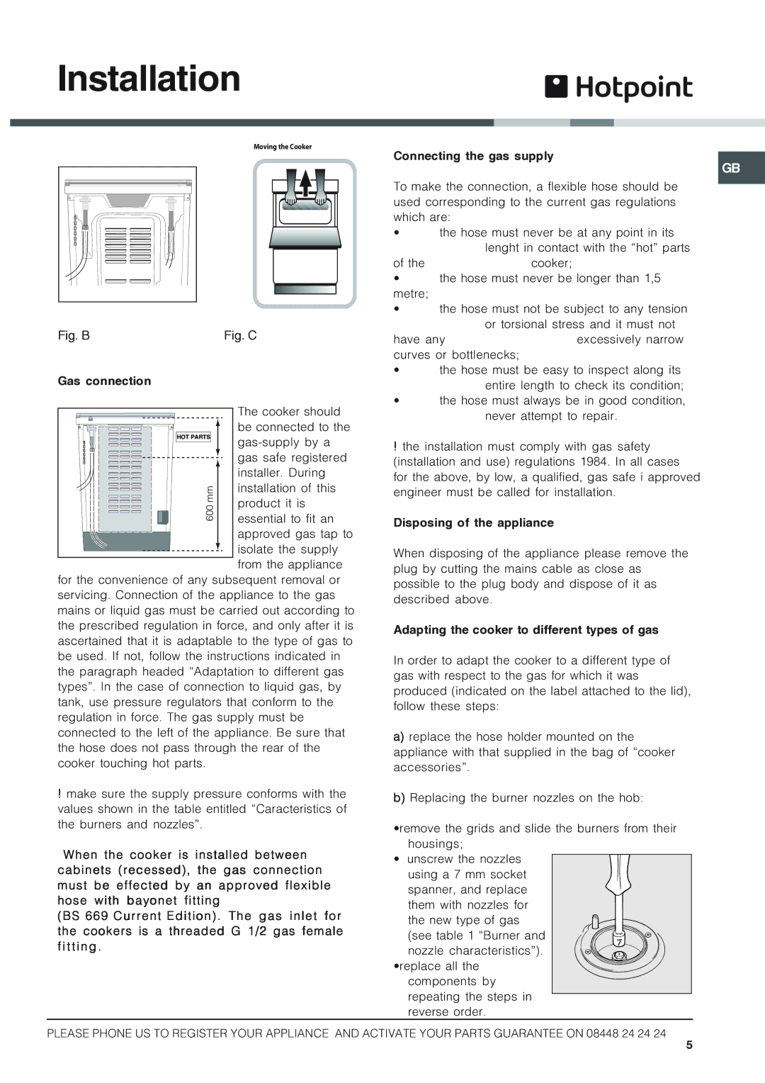 Hotpoint HUG 52P, HUG 52X, 50HGP Gas connection, Disposing of the appliance, Adapting the cooker to different types of gas 