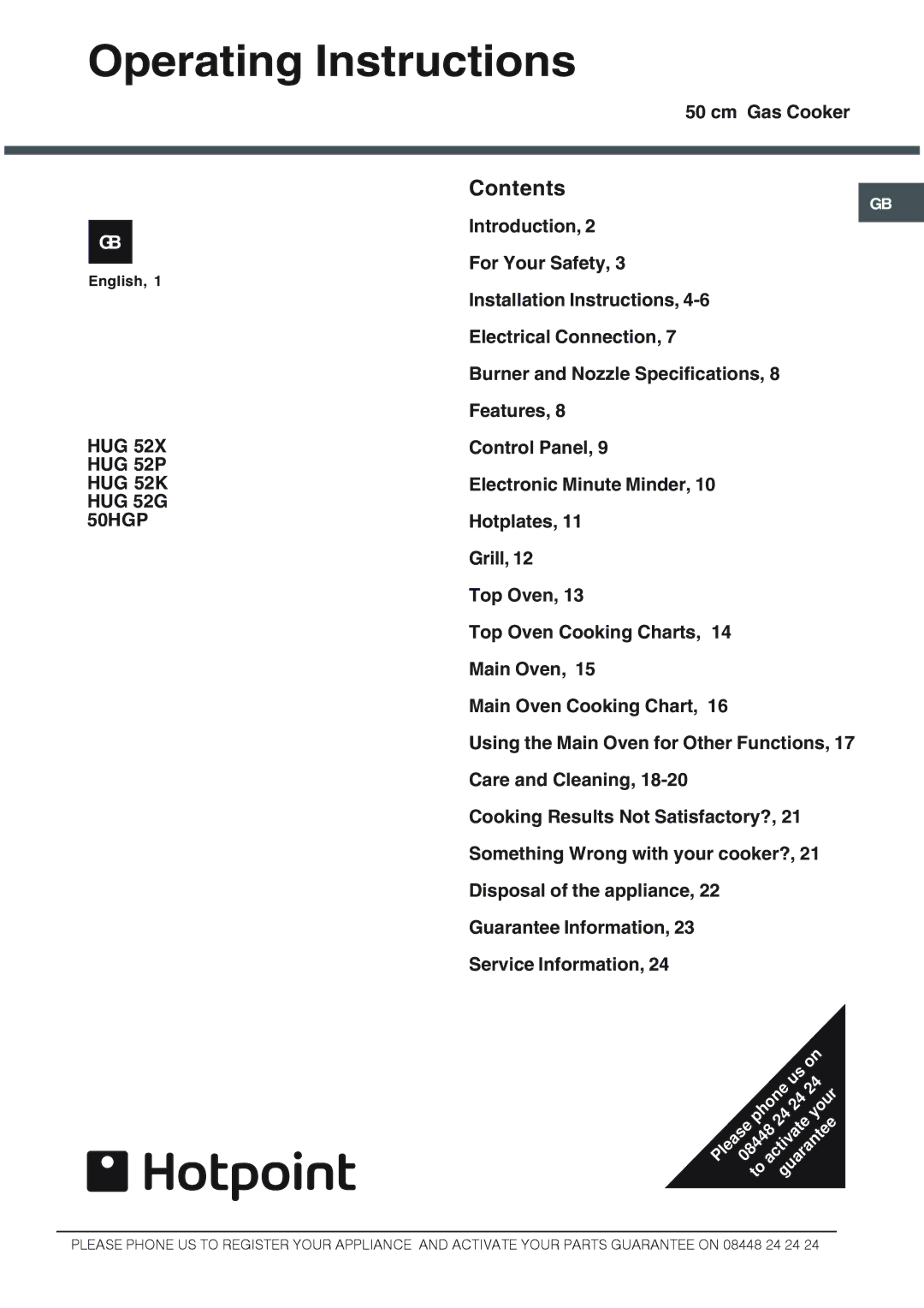 Hotpoint HUG 52X, HUG 52P, HUG 52K, HUG 52G, 50HGP installation instructions Operating Instructions, Contents 