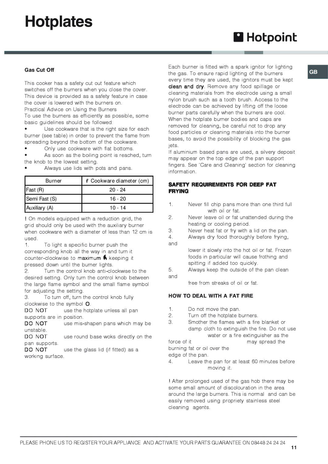 Hotpoint HUG 52X, HUG 52P Hotplates, Gas Cut Off, Safety Requirements for Deep FAT Frying, HOW to Deal with a FAT Fire 