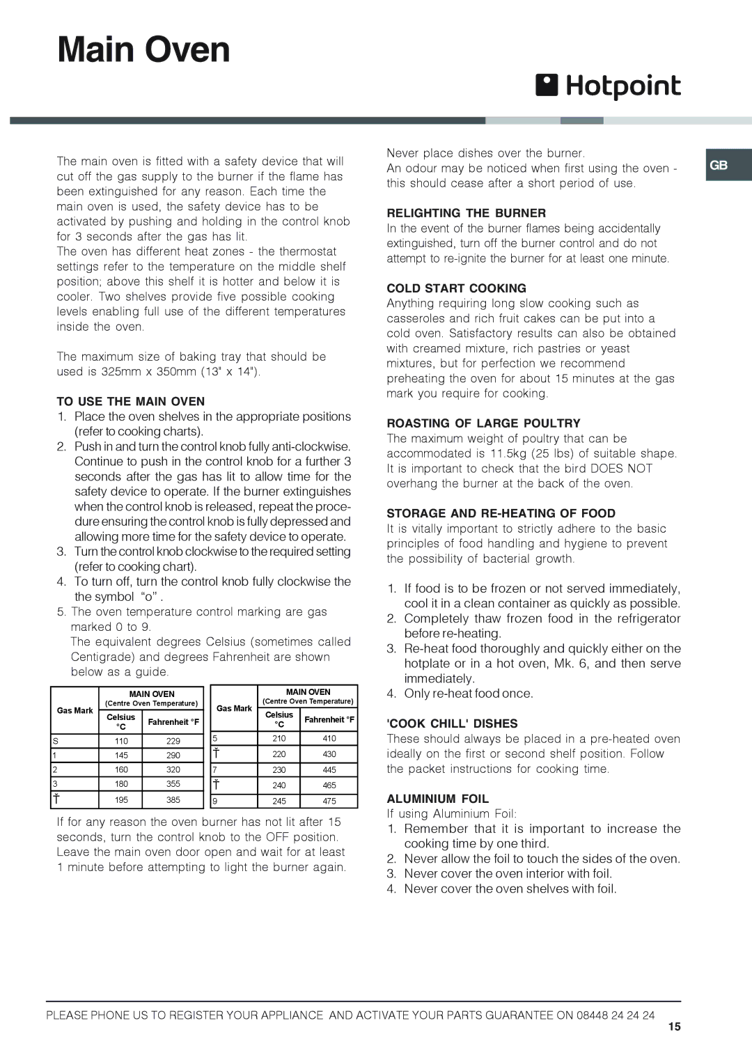 Hotpoint HUG 52P, HUG 52X, HUG 52K, HUG 52G, 50HGP installation instructions Main Oven 