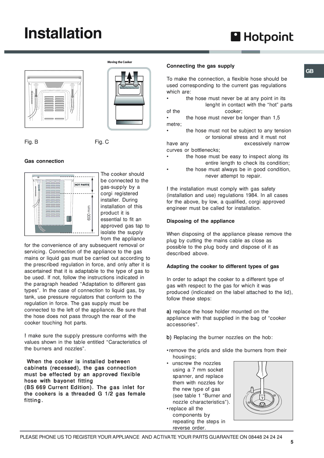 Hotpoint HUG 52P, HUG 52X, 50HGP Gas connection, Disposing of the appliance, Adapting the cooker to different types of gas 