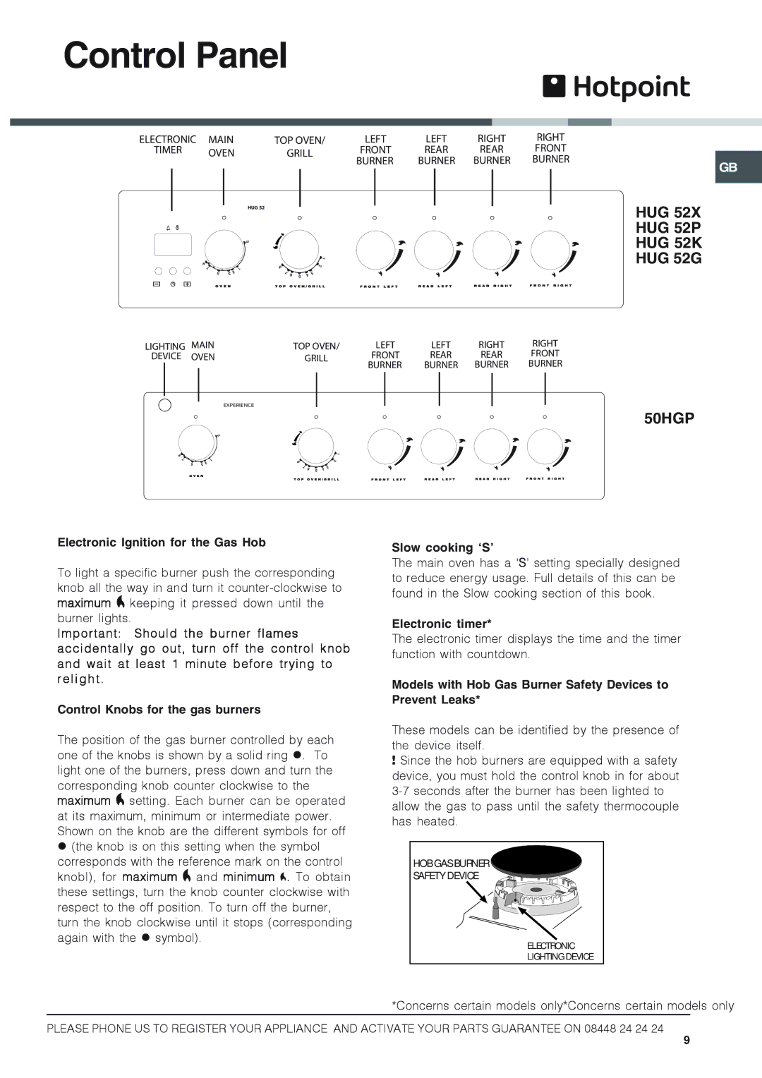 Hotpoint 50HGP, HUG 52P, HUG 52X Control Panel, Electronic Ignition for the Gas Hob, Slow cooking ‘S’, Electronic timer 