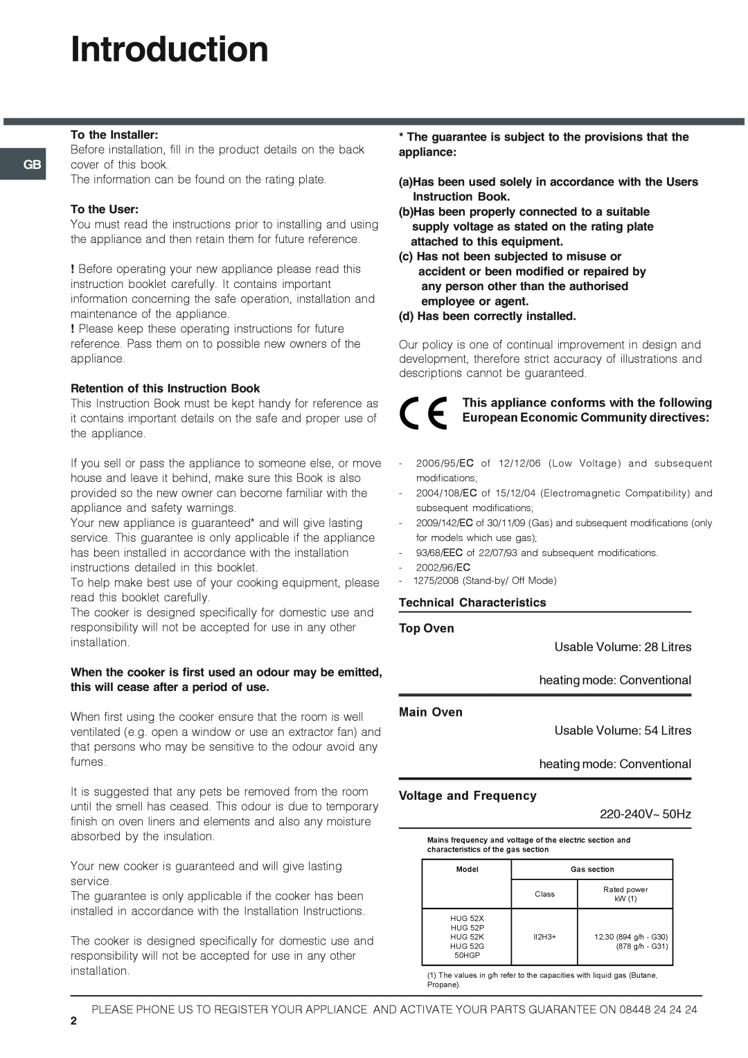 Hotpoint HUG 52K, HUG 52P, 50HGP Introduction, To the Installer, To the User, Retention of this Instruction Book, Main Oven 