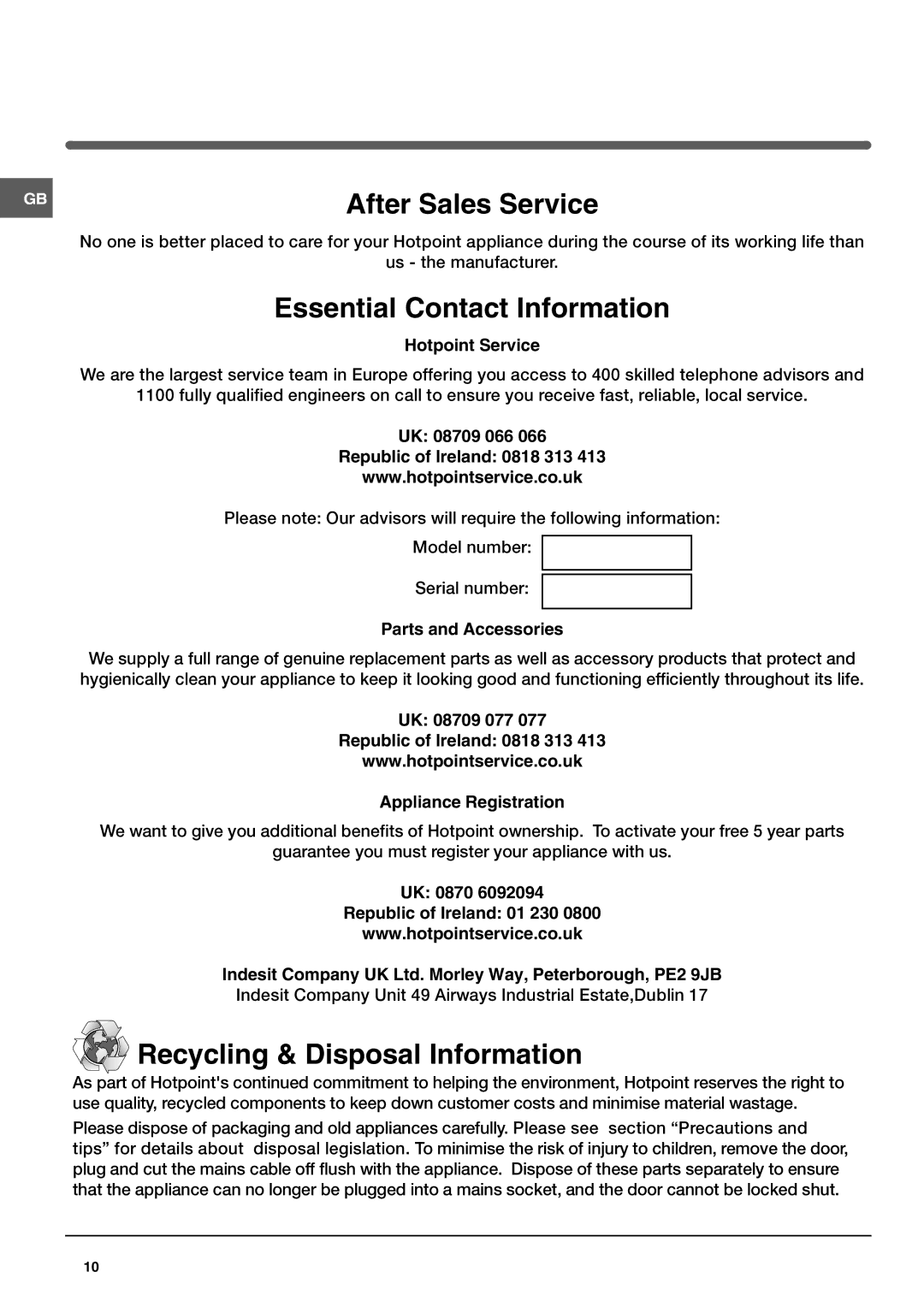 Hotpoint HUL 1621 operating instructions After Sales Service 