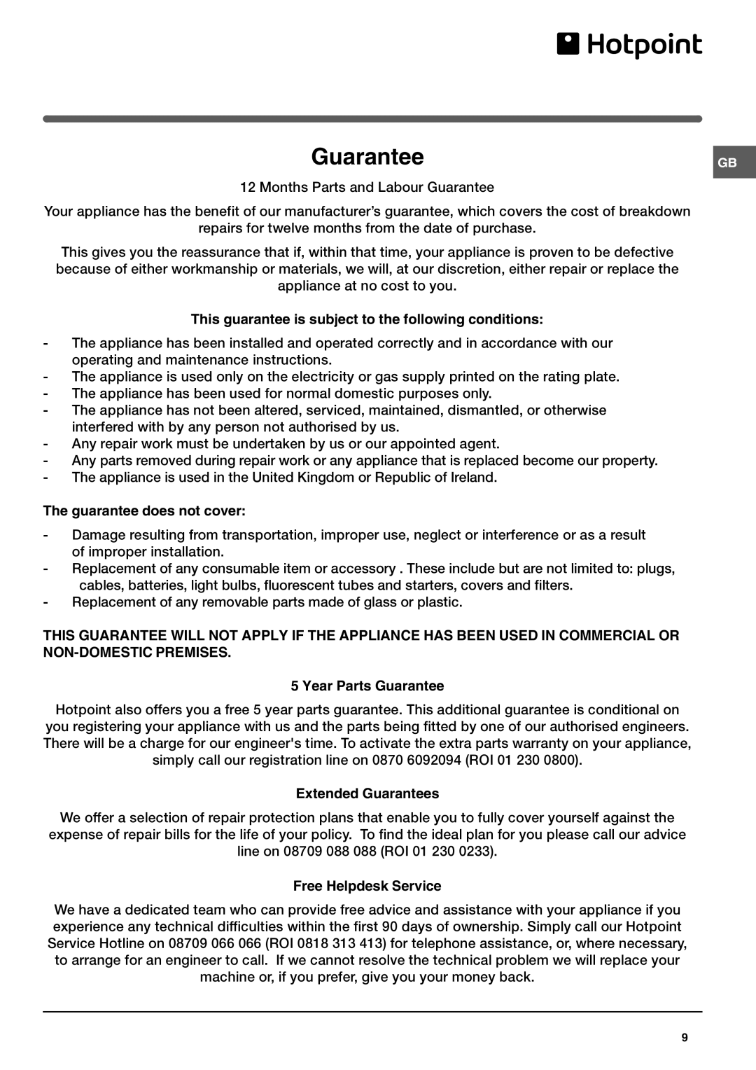 Hotpoint HUL 1621 operating instructions Guarantee 