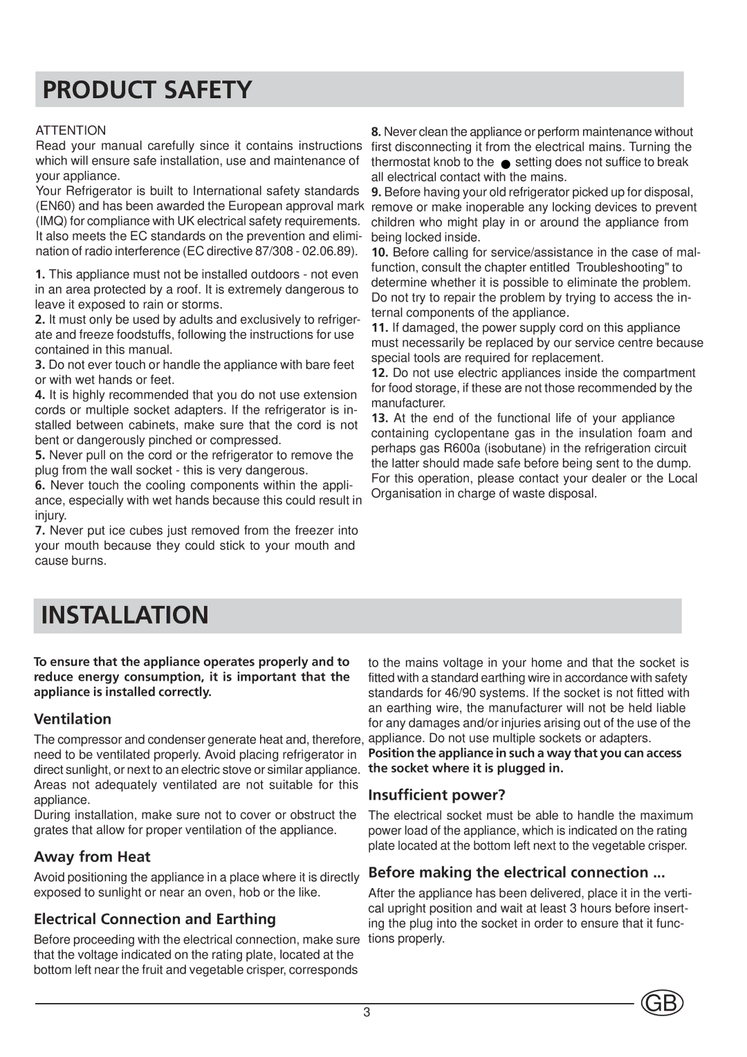 Hotpoint HUL161I manual Product Safety, Installation 