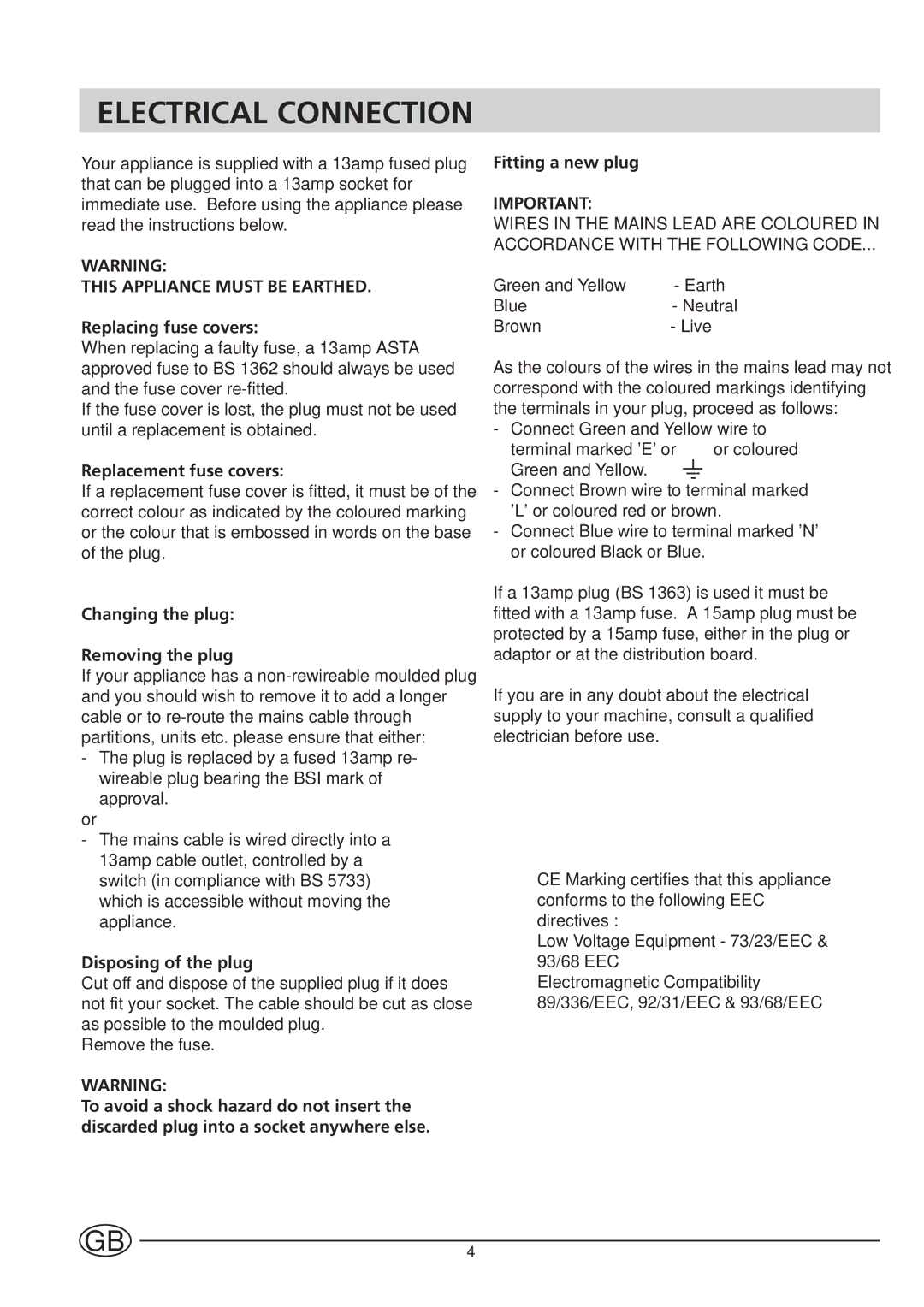 Hotpoint HUL161I manual Electrical Connection 