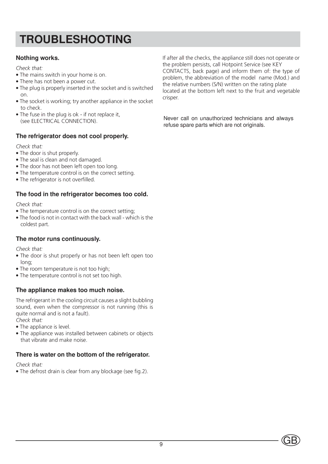 Hotpoint HUL161I manual Troubleshooting 