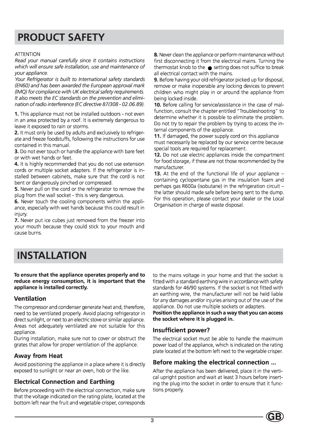 Hotpoint HUL161I manual Product Safety, Installation, Ventilation, Away from Heat, Electrical Connection and Earthing 