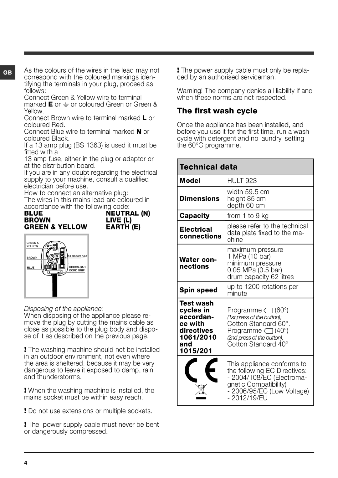 Hotpoint Hult 923 manual First wash cycle, Technical data, Correspond with the coloured markings iden 