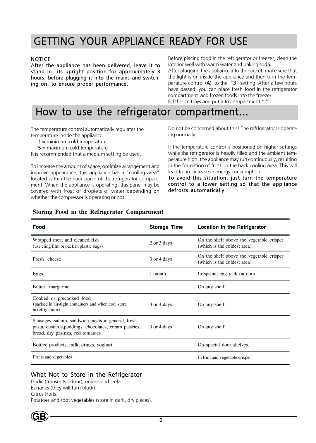 Hotpoint HUT161I manual Getting Your Appliance Ready for USE, How to use the refrigerator compartment 