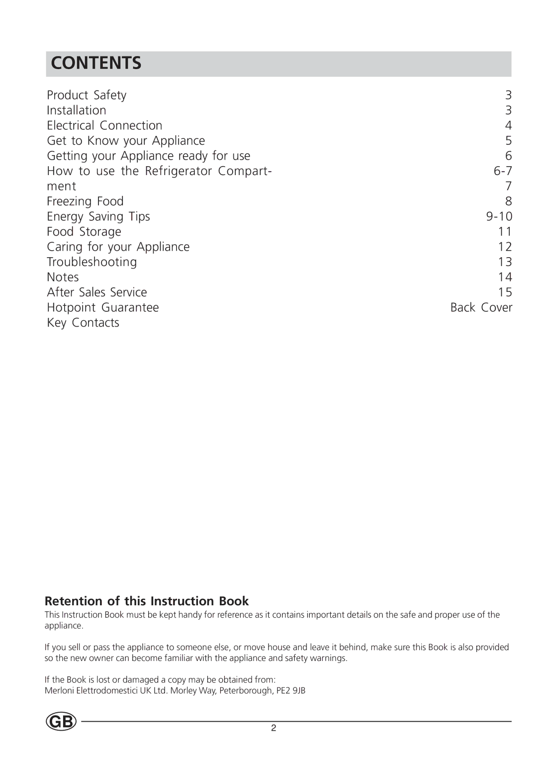 Hotpoint HUT161I manual Contents 