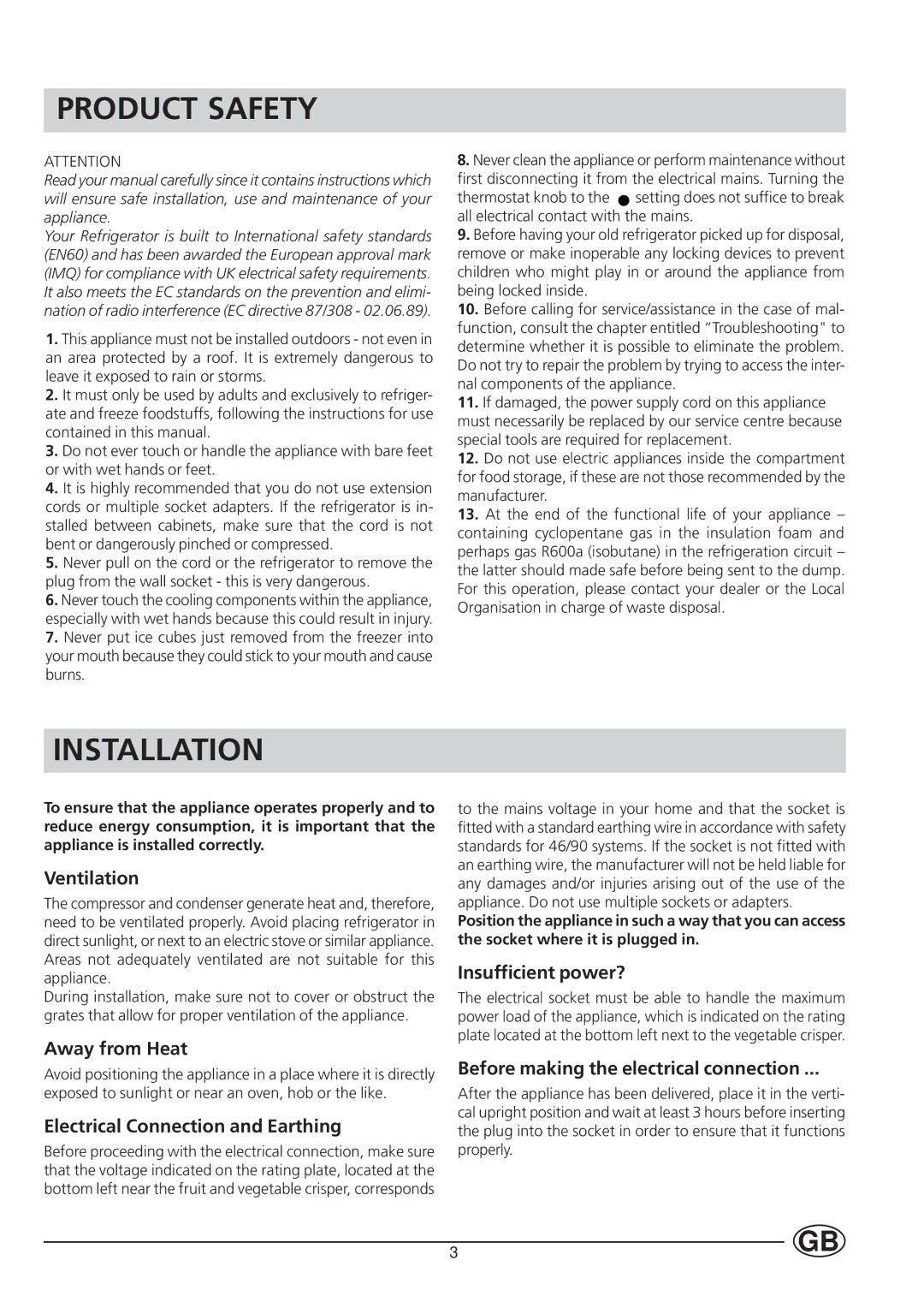 Hotpoint HUT161I manual Product Safety, Installation 