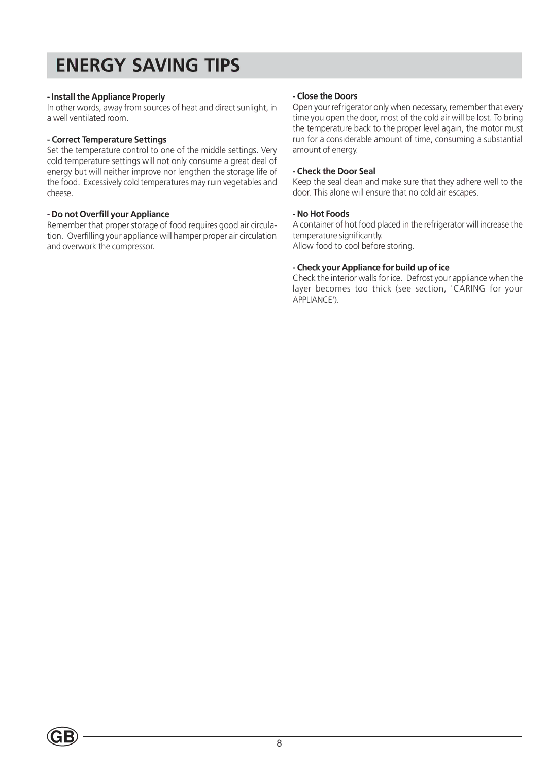 Hotpoint HUT161I manual Energy Saving Tips, Correct Temperature Settings 