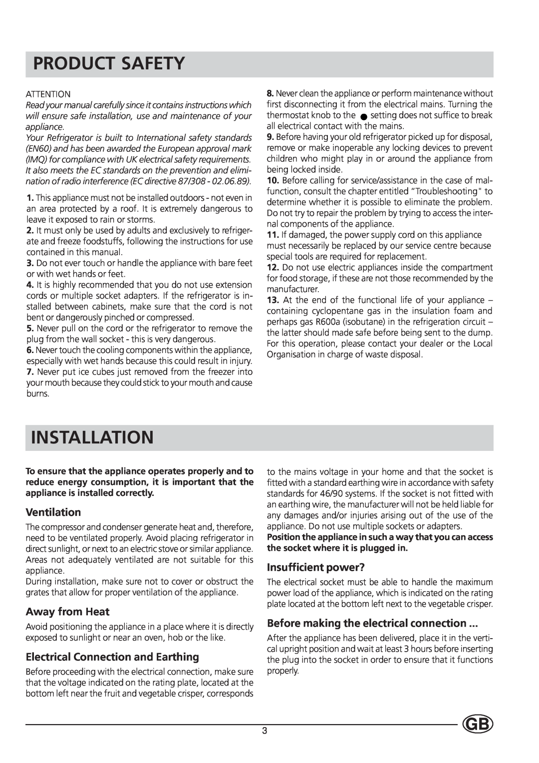 Hotpoint HUT161I manual Product Safety, Installation, Ventilation, Away from Heat, Electrical Connection and Earthing 