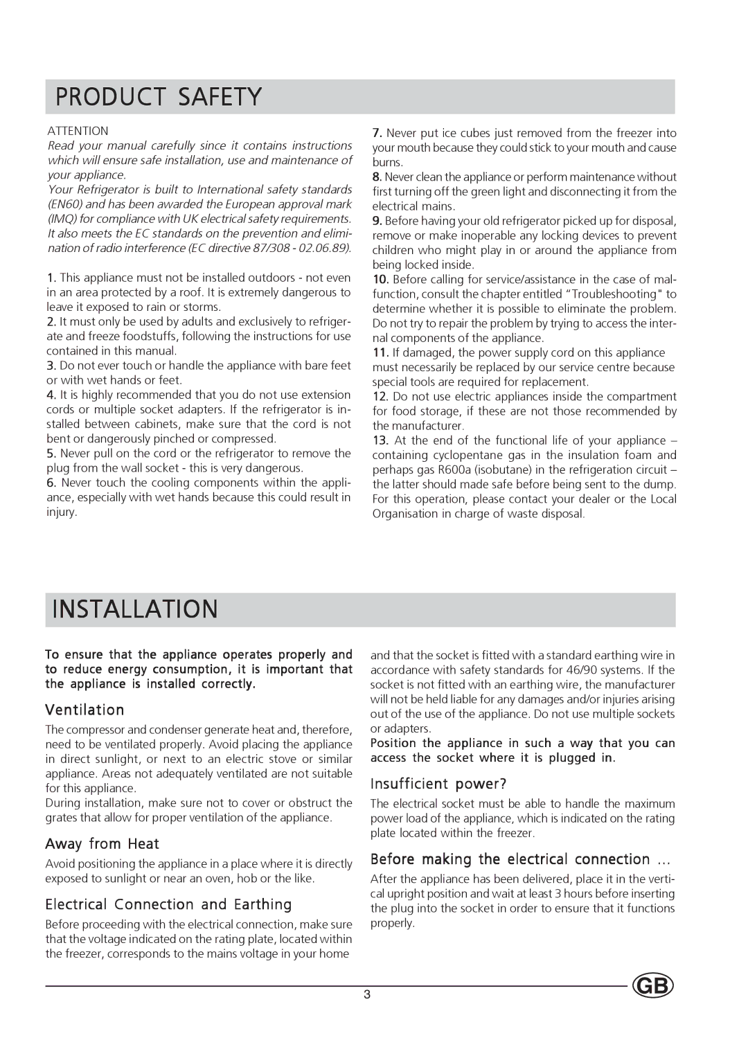 Hotpoint HUZ121 manual Product Safety, Installation 