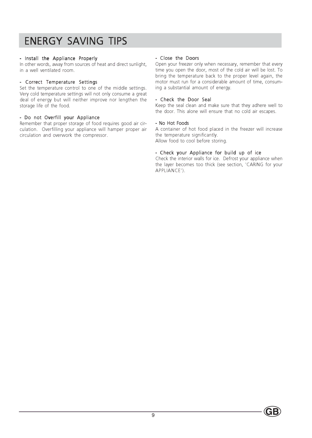 Hotpoint HUZ121 manual Energy Saving Tips, Correct Temperature Settings 