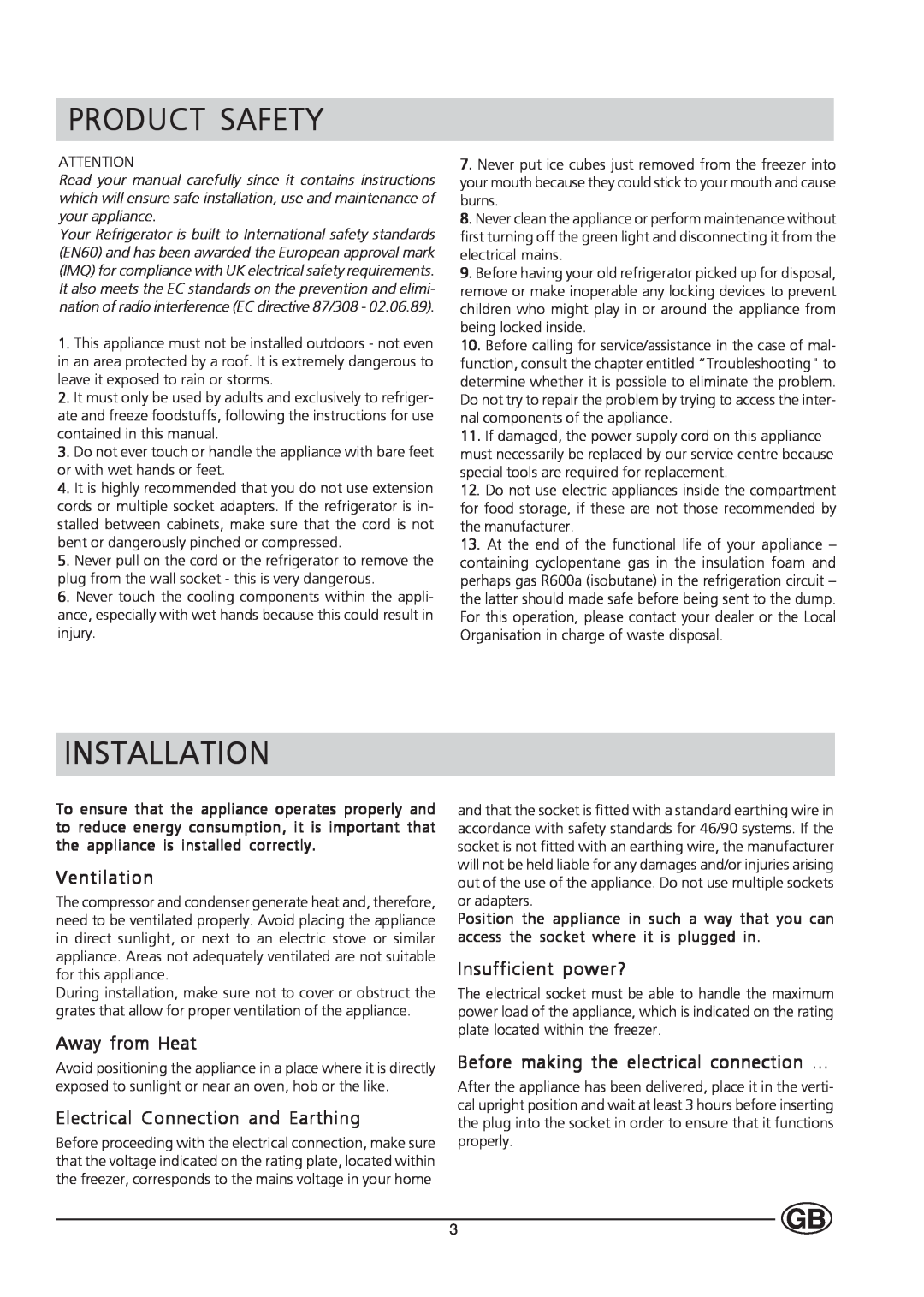 Hotpoint HUZ121 manual Product Safety, Installation, Ventilation, Away from Heat, Electrical Connection and Earthing 