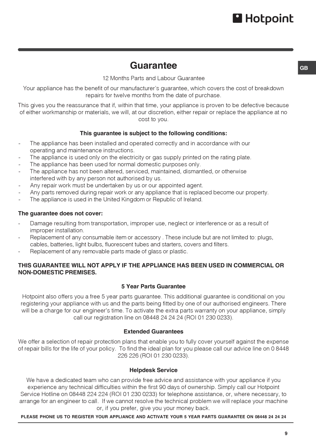 Hotpoint HUZ1221 operating instructions Guarantee 